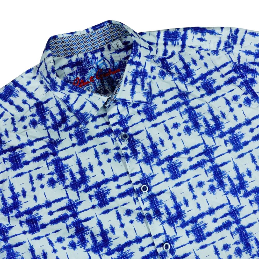 Robert Graham Abstract Geometric Blue White Button Up Short Sleeve Shirt XL